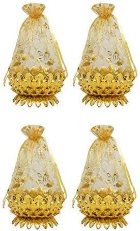 Decorative Net Potli Baskets for Wedding Gift Basket for Packing Shagun Potli Bags for Return Gifts Pack of 1 (Golden, Set of 4Pcs)
