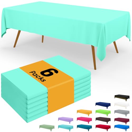 Image of Smiry Disposable Table Cloth - 6 Pack, 54 x 108 Inch Waterproof Rectangle Tablecloths for Parties, Decorative Plastic Table Cover, Leakproof & Sturdy, Mint Green