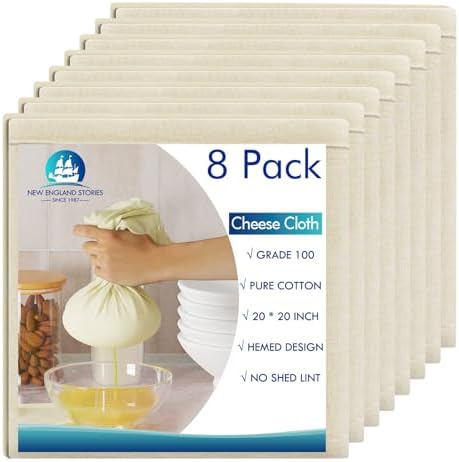 8 PCS Reusable Cheesecloth, Grade 100, 20x20 Inch Hemmed Cheese Cloth for Straining Craft, 100% Cotton Unbleached Cloth Strainer for Cooking, Baking, Juicing, Cheese Making (40×50 Threads)