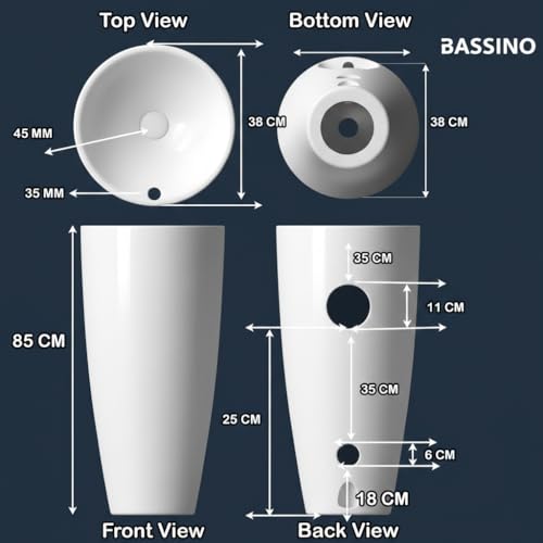Image of BASSINO 15x15x34 Inches Ceramic Pedestal Wash Basin /7 Years Warranty /One Piece Free Standing Basin For Bathroom /Living Room /Salons /Round Modern Sink For Hotel /Floor Mounted Washbasin(White Glossy)