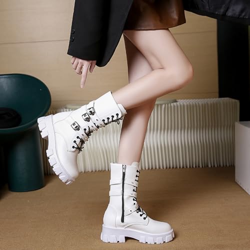 Women's Goth Lace Up Chunky High Heel Mid Calf Boots Round Toe Rivets Decoration Side Zip Combat Boots Lug Sole Platform Motorcycle Ankle Bootie4