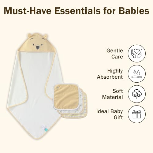 Image of Disney Baby Winnie The Pooh Unisex Hooded Baby-Bath Towel with 3 Washcloths Set for Newborn and Infants