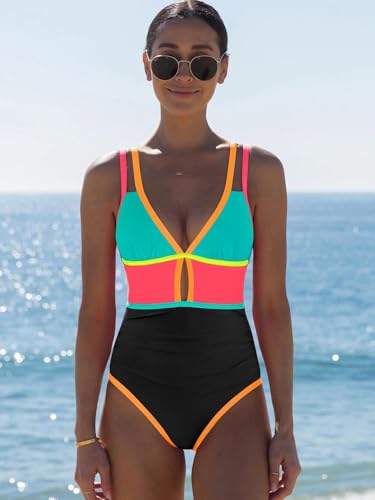 Image of popvil Women One Piece Swimsuit 2026 Tummy Control Sexy Cutout Neon Color Block Bathing Suit Slimming Adjustable Swimwear