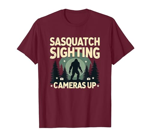 Sasquatch Sighting Cameras Up Cryptid Design T-Shirt, Men, Burgundy, X-Large