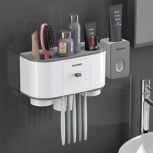 Spazzolino Holder Dispenser automatico di dentifricio Squeezer for Bagno di stoccaggio rack for montaggio a parete accessori bagno Set (Color : B 3 cups GraY)