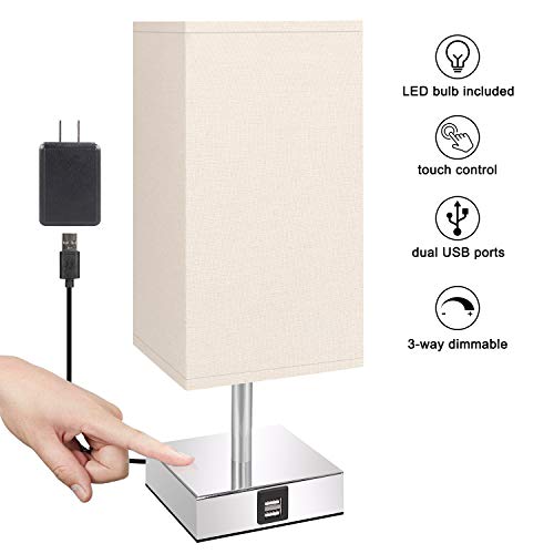 Touch Control Table Lamp with Convenient Dual USB Charging Ports(LED Bulb Included), Aooshine