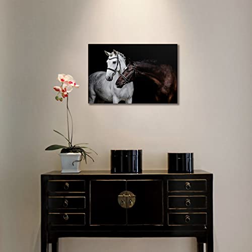 White Black Horses Wall Art Framed Canvas Prints Living Room Office Farm Equestrian Decor Animal Couple Poster Painting Picture Ready To Hang Gift #TOP6
