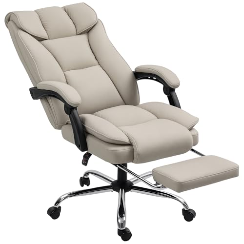 HOMCOM Silla de Escritorio con Reposapiés, Silla de Oficina Giratoria, con Respaldo Reclinable y Alto, Acolchado Grueso Doble, Tapizada en Cuero Sintético Resistente, Altura Ajustable, Caqui