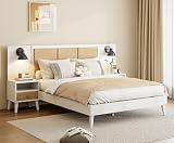 Merax Queen Size Bed Frame with 2 Nightstands & Lamps Headboard, Platform Bed and Night Stand with Storage Drawer Bedroom Set, Solid Wood & Rattan, No Box Spring Needed, White