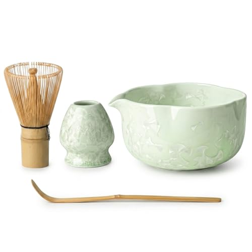 GleeNflux Matcha Set, 4-Piece Matcha Whisk Set with Crystal Glazed Bowl