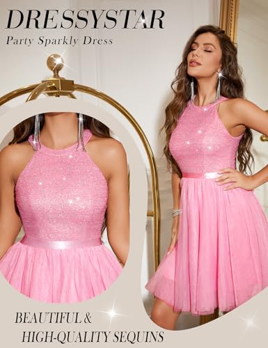 Image of Dressystar Women's Sequin Short Prom Dress Sparkly Halter Tulle Cocktail Party Homecoming Dresses