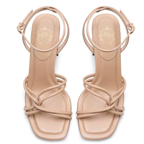 Image of Pasuot Strappy Heels for Women - Open Square Toe Chunky Heeled Sandals Block Heel Ankle Buckle Strap Dress Shoes for Prom Party Wedding Black White Nude