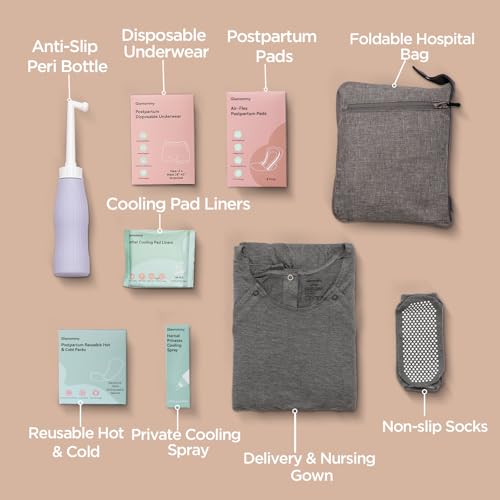 Glamommy Upgraded Postpartum Recovery Essentials Kit for Women, Nursing Gown, Luggage Bags, Socks, Peri Bottle, Cooling Spray, Disposable Underwear, Postpartum Pads, Hot&Cold Packs, Cooling Liners