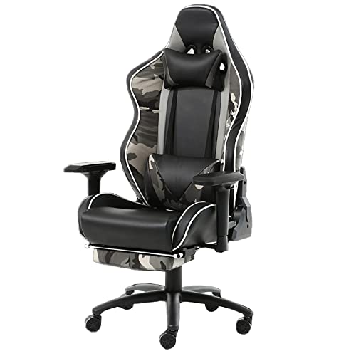 Gaming Chair Leather Office Chair Ergonomic Home Office Desk Chairs with Footrest, Lumbar Support and Headrest, 180° Back Tilt Load Up to 150 Kg (Black