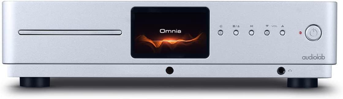 Depan view of the Audiolab Omnia, highlighting the power button and display.