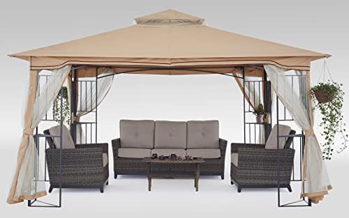 MASTERCANOPY Patio Outdoor Gazebo with Netting Screen Walls and Corner Shelf Design (11x11,Beige)