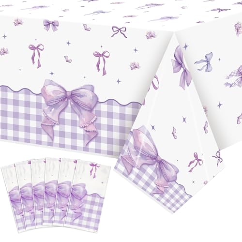 ArianQicult 6Pcs Purple Bow Party Tablecloths - Purple Bow Knot Party Table Covers Decorations Rectangular Plastic Disposable Table Cloth Decor for Women Kids Girls Birthday Wedding Supplies