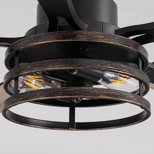 Image of 52-Inch Retro Black Downrod Curved Tube Ring-Style Iron Cage Ceiling Fan with Light Industrial Energy-Saving Quiet Strong Airflow for Living Room Bedroom