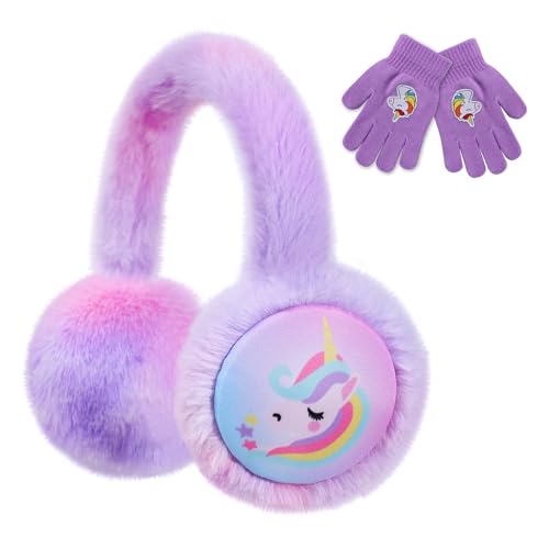 BAOPLAYKIDS Kids Knit Unicorn Earmuffs Gloves Winter Outdoor Ear Muffs Plush Ear Warmers for Boys Girls Rainbow Purple