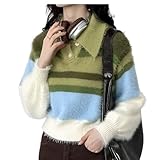 [Caividom] カラーニットセーター 韓国風オーバーサイズ レトロデザイン リブ襟 長袖トップス 大人女性向け 肌触り良好 春の コーデ 毎日着回し｜ポリエステル素材 ゆったりフィット ユニセックス風 緑 free_size