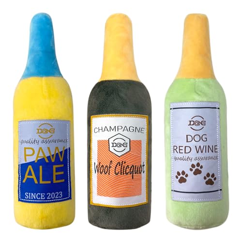 Plush Squeaky Dog Toy - Wine Bottle Shape Interactive Chew Toy for Small/Medium/Large Dogs, Stuffed Funny Dog Toys, Ideal for Indoor Home Play & Outdoor Activities, Puppy Birthday Gift (3 Pack)