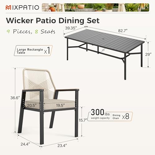 Image of MIXPATIO 9 Pieces Outdoor Dining Set for 8, Patio Dining Set Wicker Rattan Chairs with 3.1 inch Cushion and Rectangular Table with Umbrella Hole, Wicker Patio Table and Chairs for Backyard Porch