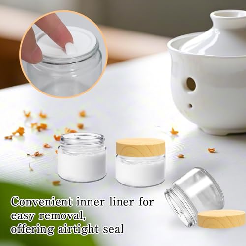25 Pcs Glass Jars with Plastic Woodgrain Lids and Inner Liners 2 oz Clear Cosmetic Containers Empty Round Small Containers for Making Creams Lotions Powder Ointments Candle4