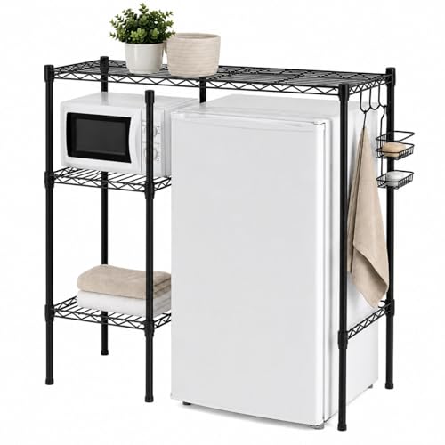 Image of Yaocom Mini Fridge Shelf Stand with Storage Dorm Refrigerator Microwave Organizer Adjustable Height Metal Steel Wire Shelving Station Cabinet for Office Space Saving (Black,3 Compartments)