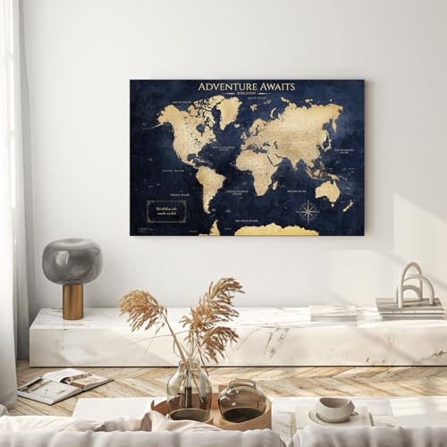 Image of IPIC - Vintage Teal World Map Pin Board Canvas Wall Art, Travel Map with Pins Included, Ready to Hang for Home or Office 36x24 Inch