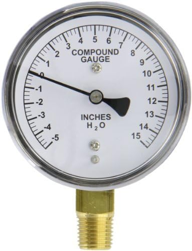 PIC Gauges LP1-254-5-0-15 Bottom Mount Dry Non-Fillable Low Pressure Gauge w/ Chrome Case, Brass Internals, Plastic Lens, 2.5" Dial, 5/0/15" wc psi Range, 1/4" Male NPT