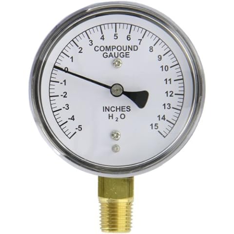 PIC Gauges LP1-254-5-0-15 Bottom Mount Dry Non-Fillable Low Pressure Gauge w/ Chrome Case, Brass Internals, Plastic Lens, 2.5" Dial, 5/0/15" wc psi Range, 1/4" Male NPT Cover