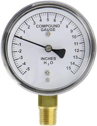 PIC Gauges LP1-254-5-0-15 Bottom Mount Dry Non-Fillable Low Pressure Gauge w/ Chrome Case, Brass Internals, Plastic Lens, 2.5" Dial, 5/0/15" wc psi Range, 1/4" Male NPT