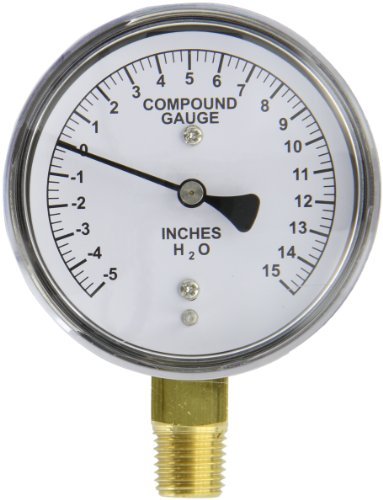 PIC Gauges LP1-254-5-0-15 Bottom Mount Dry Non-Fillable Low Pressure Gauge w/ Chrome Case, Brass Internals, Plastic Lens, 2.5" Dial, 5/0/15" wc psi Range, 1/4" Male NPT