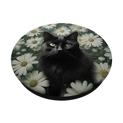Cute Daisy Flower Floral Aesthetic Black Cat Sage Green PopSockets Swappable PopGrip - Image 2