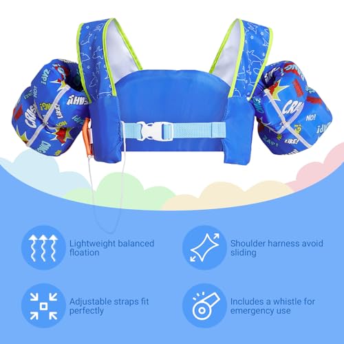 Zeraty Kinder Schwimmflügel für Kleinkinder Floaties Kinder Schwimmen Arm Band mit Schulter Harness Arm Wings, Schwimmen Aids Jacke für 20-50 lbs/2-6 Jahre alt Jungen/Mädchen (Hai (mit Pfeife))