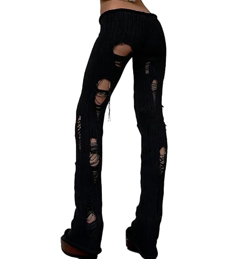 THLAI Womens Slim-Fit Knit Pants with Hollow Out Ripped Details Going Out Trousers
