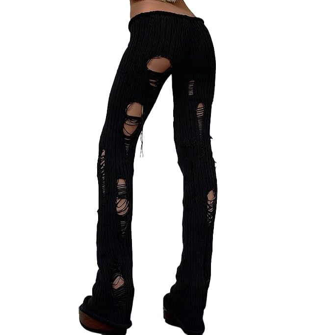 THLAI Womens Slim-Fit Knit Pants with Hollow Out Ripped Details Going Out Trousers