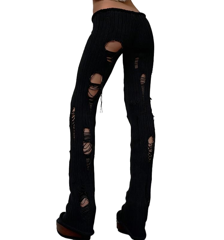 THLAI Womens Slim-Fit Knit Pants with Hollow Out Ripped Details Going Out Trousers