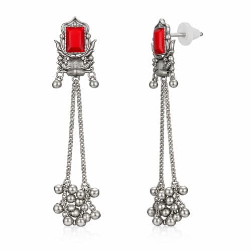 Image of I Jewels Traditional Silver Oxidised Kashmiri Long Dangler Earrings with Ghungroo for Women & Girls Gift