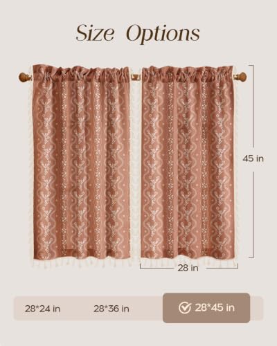 Image of Miss Adola Boho Kitchen Curtains - 45 Inch Length Linen Blend Floral Burnt Orange Cafe Curtains Tassels Tier Curtain Short Drapes Rod Pocket for Bathroom Living Room Windows Light Filtering, 2 Panels