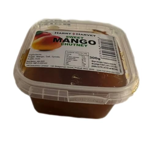 Harry Harvey 300 g de chutney de mango dulce, utilizado por comida para llevar y restaurantes. Sirve con poppadoms, pollo tikka, chuletas de cordero, kebabs y langostinos.