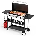 ROVSUN 4 Burner Portable Propane Griddle with Enameled Tray & Lid, 40000 BTU Rolling Flat Top Gas Grill with Electronic Ignition, Side Shelves & Regulator for Outdoor Cooking Camping BBQ Tailgating