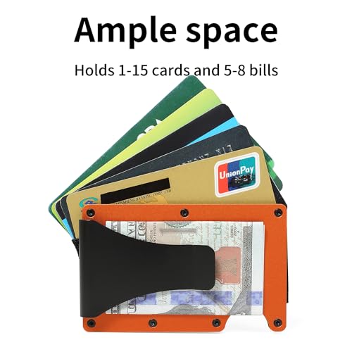 Image of Minimalist Wallet for Men, Slim Metal RFID Blocking Wallet Credit Card Holder Money Clip & Cash Strap, Scratch-Resistant Holds 15 Cards,Ideal Gift for Men | Matt Orange