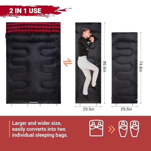 Image of KingCamp Double Sleeping Bag for Adults, Queen Size 2 Person XXL Flannel Sleeping Bag, Waterproof Lightweight Flannel Quilt with 2 Pillows, Perfect for Couples Family Camping Hiking