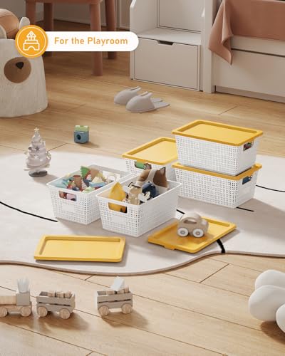 Image of EOENVIVS Storage Bins Bakets with Lids 6 Pack, Stackable Organizer Bins for Small Spaces, Pantry, Closet & Bathroom, Secure Snap Lids, 11x7x5 Plastic Storage Containers for Shelf Organization, White