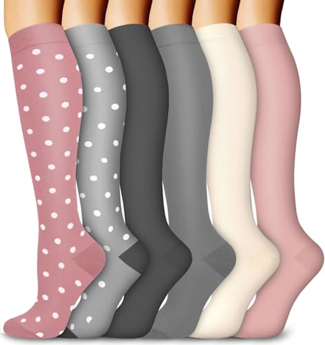 6 paires de chaussettes de compression pour hommes et femmes 20 - 30 mmHg bas antidérapants parfaits pour l'athlétisme, la course, le fitness, la grossesse, les voyages en avion et le soutien
