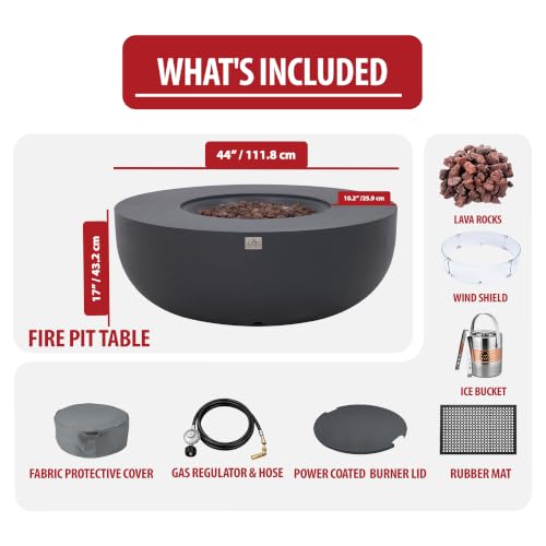Image of AMS Creations | Eclipse 44 inch Bundle Round Cast Concrete Natural Gas Fire Pit Bowl Table | Dark Gray | Smooth Texture Surface | Electronic Ignition | Outdoor Patio Heater Outside Backyard Fireplace