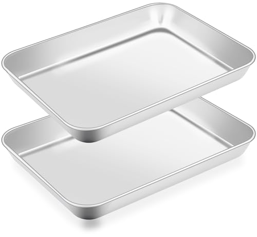EOGRFW 2 Stück Backblech Edelstahl, 17.5 x 23.5 x 2.7 cm Rechteckig Ofenblech Kuchenblech, Backofen Tablett für Backen Braten Servieren, Gesund, Spülmaschinenfest Baking Tray