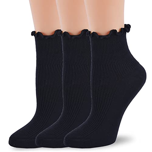 Image of Women Ruffle Crew Socks Lightweight Thin Stripe Turn-Cuff Cute Girls Cotton Socks 3 Pairs