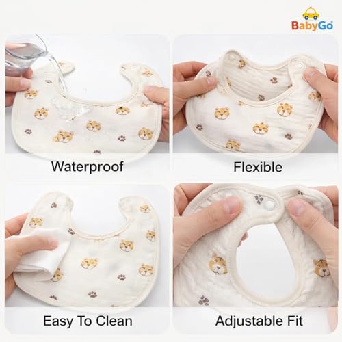 Image of BabyGo Muslin Bib Set of 3 Ultra-Soft & Absorbent Bibs with Adjustable Snap Buttons | Breathable | 6 Layer Waterproof Backing for Drooling | Teething & Feeding | 0-24 Months | MultiColor (Pack of 3)